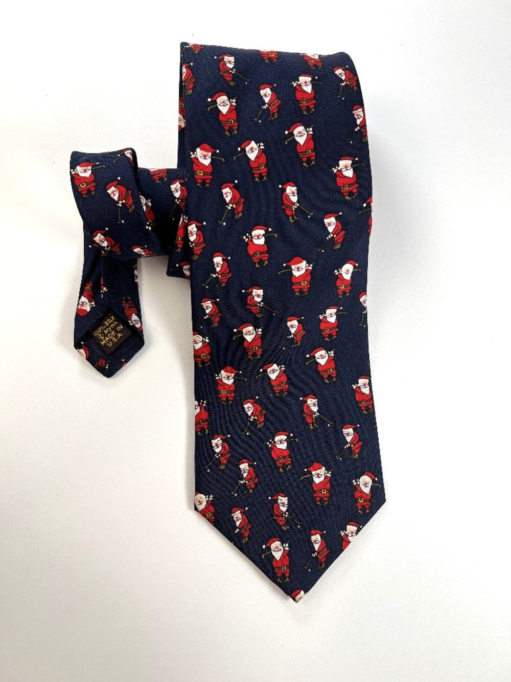 Vintage ALYNN Navy Golfing Santa 100% Silk Christmas Holiday Necktie Made in USA